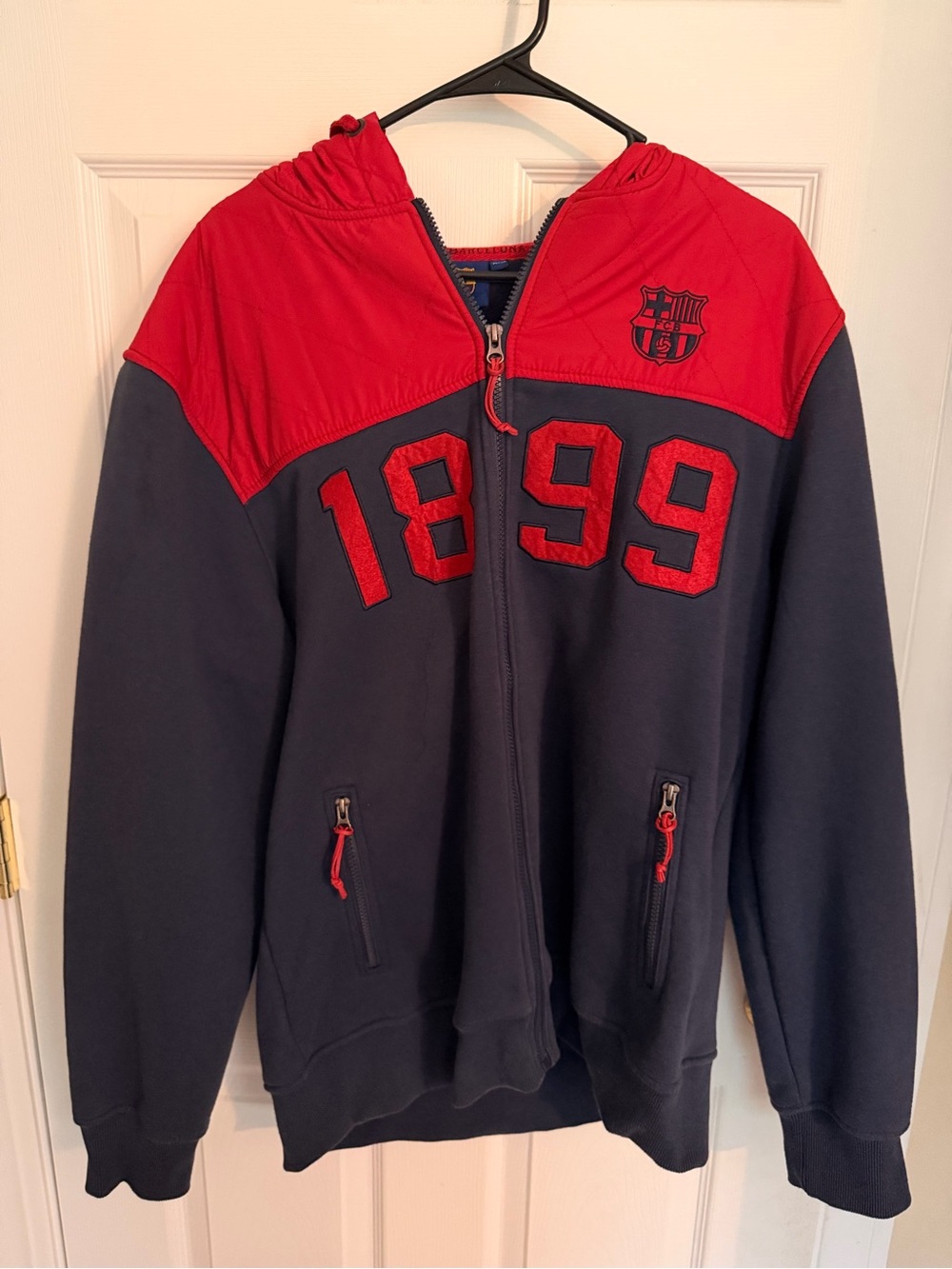 Men's FC Barcelona Red and Navy Zip-Up Hoodie with 1899 Chest Detail